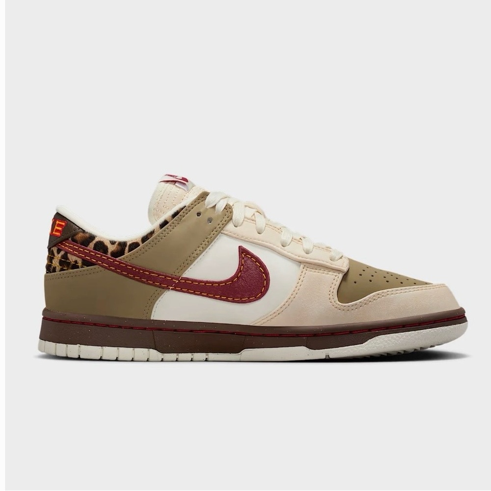 Nike Dunk Low SE Sneakers - Cream/Tan/Burgundy with Leopard Trim